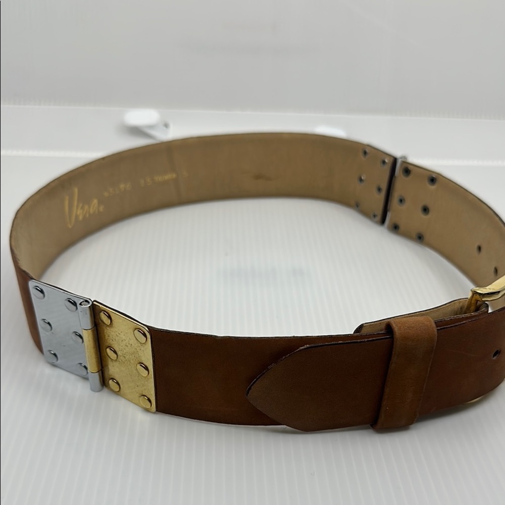 Vera Tan Leather With Silver & Goldtone Metal Detail Sides Belt, Sz Small